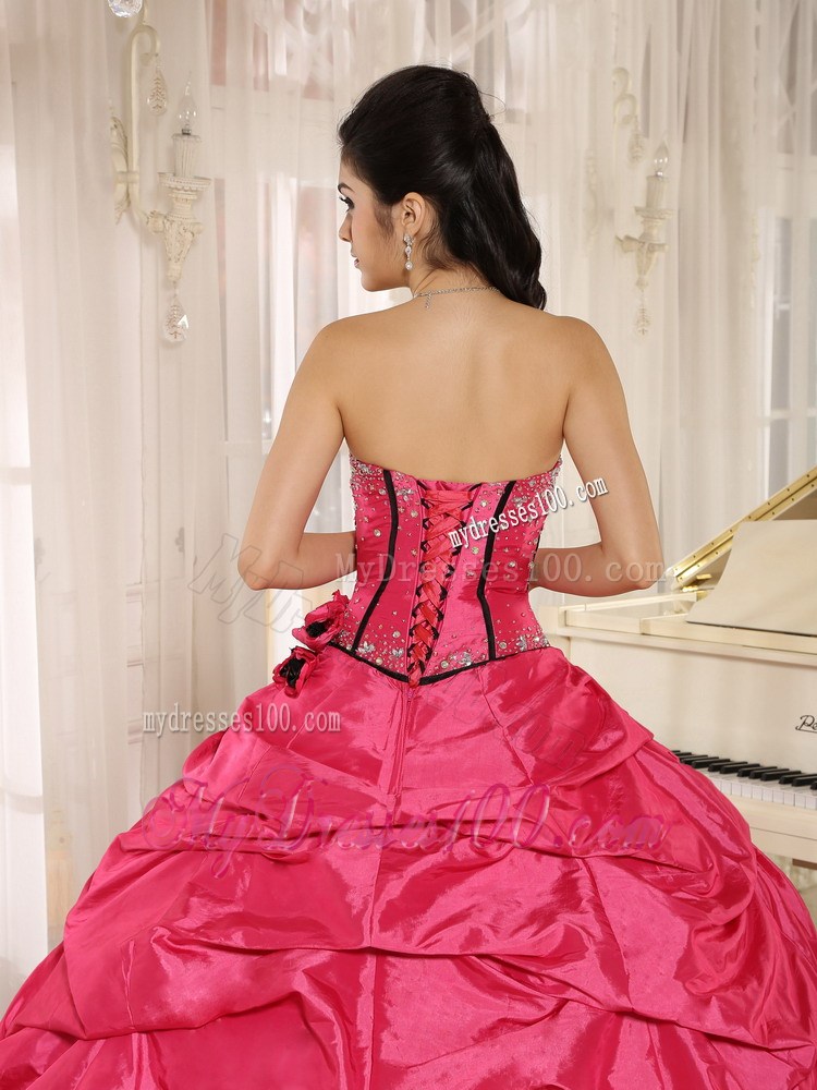 Hot Pink Beaded and Hand Flowers Quinceanera Dress With Pick-ups