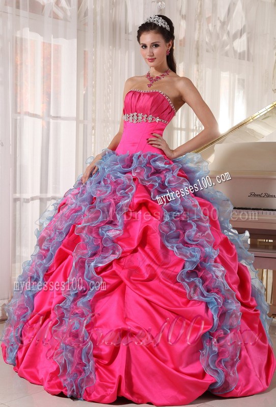 Ruffles and Pick Ups Strapless Sweet Fifteen Dresses Hot Pink and Aqua Blue