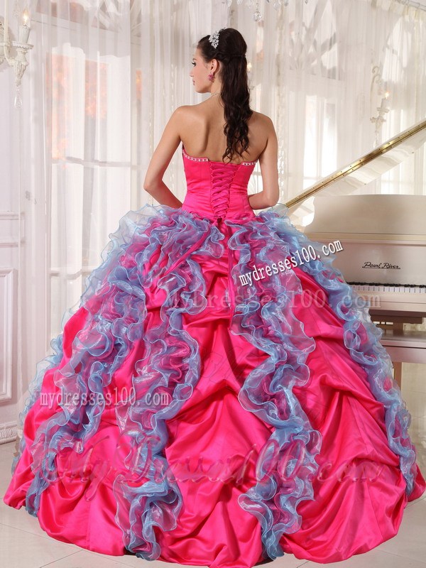 Ruffles and Pick Ups Strapless Sweet Fifteen Dresses Hot Pink and Aqua Blue