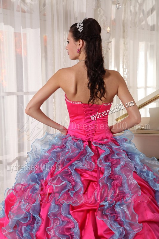 Ruffles and Pick Ups Strapless Sweet Fifteen Dresses Hot Pink and Aqua Blue