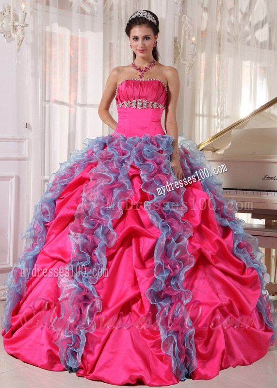 Ruffles and Pick Ups Strapless Sweet Fifteen Dresses Hot Pink and Aqua Blue