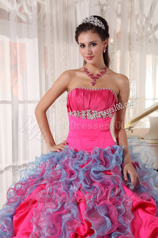 Ruffles and Pick Ups Strapless Sweet Fifteen Dresses Hot Pink and Aqua Blue