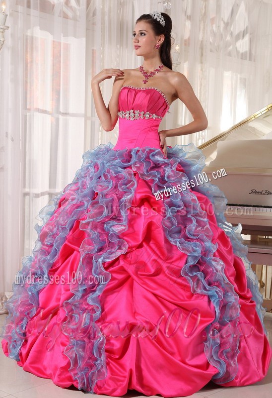 Ruffles and Pick Ups Strapless Sweet Fifteen Dresses Hot Pink and Aqua Blue