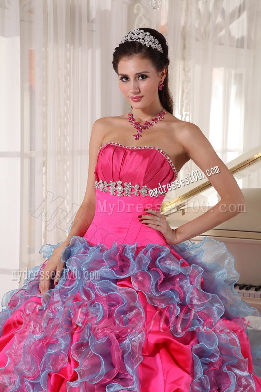 Ruffles and Pick Ups Strapless Sweet Fifteen Dresses Hot Pink and Aqua Blue