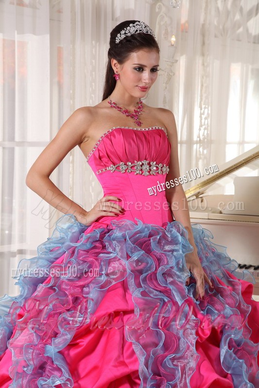 Ruffles and Pick Ups Strapless Sweet Fifteen Dresses Hot Pink and Aqua Blue