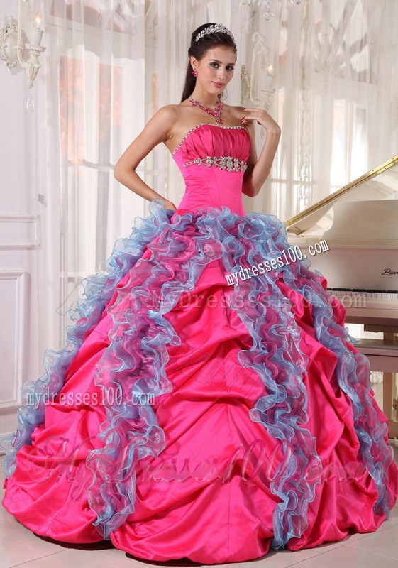 Ruffles and Pick Ups Strapless Sweet Fifteen Dresses Hot Pink and Aqua Blue