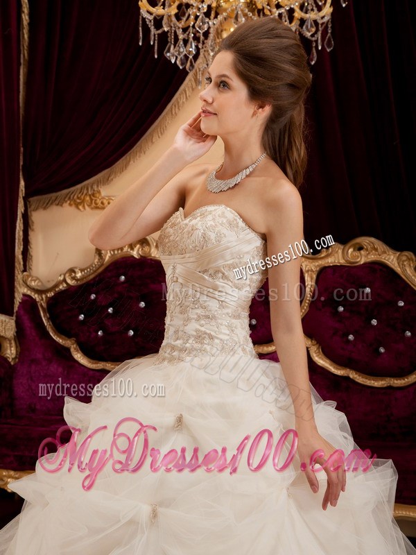 Ivory Satin and Organza Ball Gown Quince Dress with Embroidery