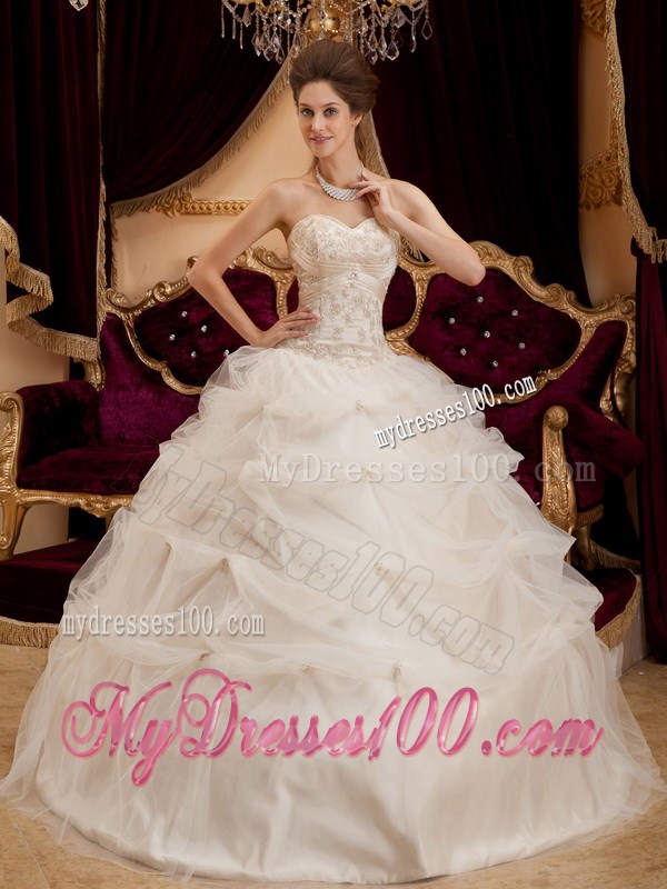 Ivory Satin and Organza Ball Gown Quince Dress with Embroidery