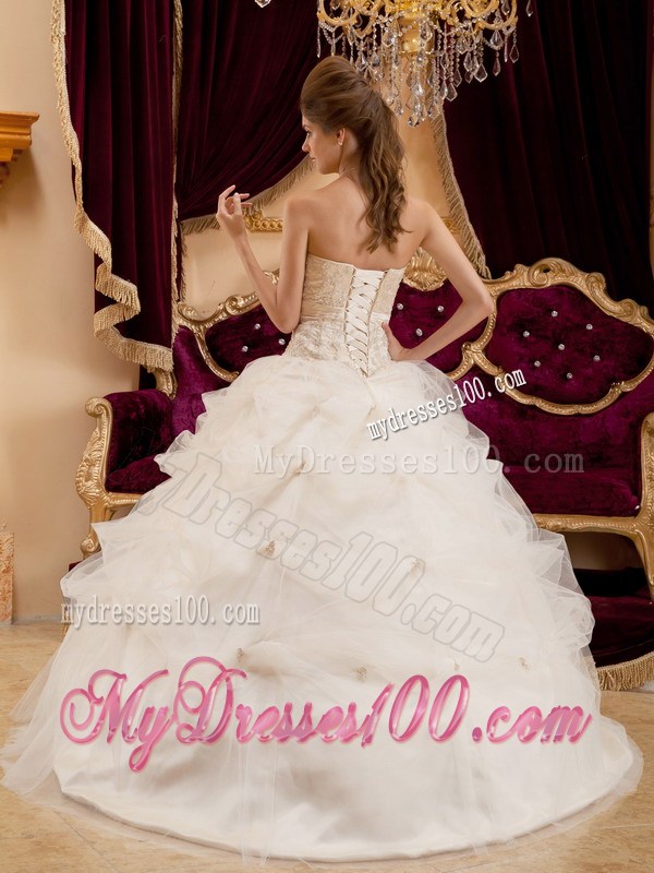 Ivory Satin and Organza Ball Gown Quince Dress with Embroidery