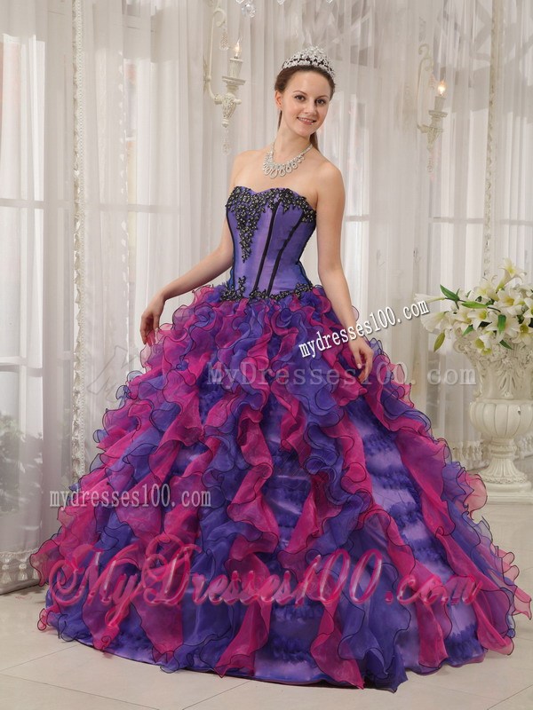 Multi-colored Puffy Ruffles Quince Dress Decorated with Appliques