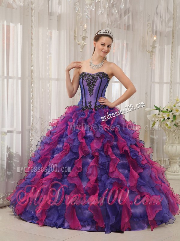 Multi-colored Puffy Ruffles Quince Dress Decorated with Appliques