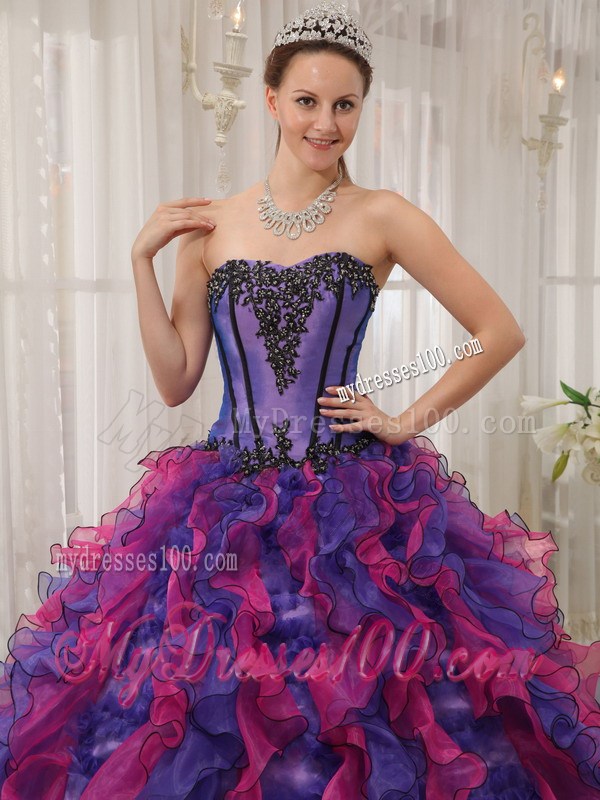 Multi-colored Puffy Ruffles Quince Dress Decorated with Appliques