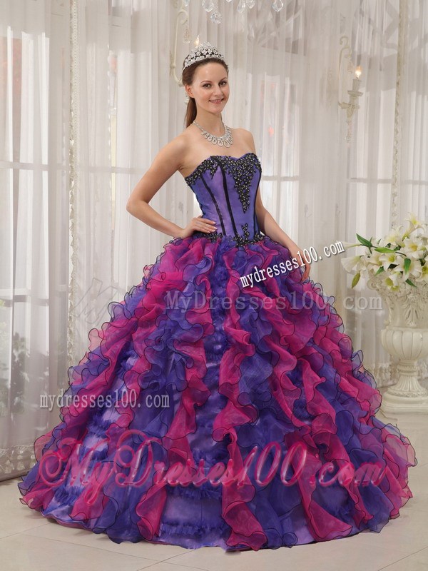 Multi-colored Puffy Ruffles Quince Dress Decorated with Appliques