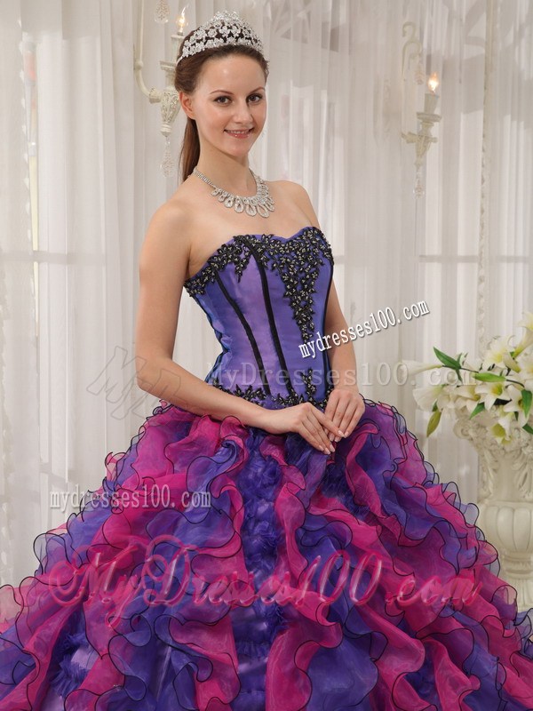 Multi-colored Puffy Ruffles Quince Dress Decorated with Appliques