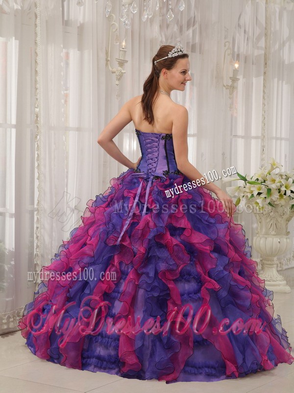 Multi-colored Puffy Ruffles Quince Dress Decorated with Appliques