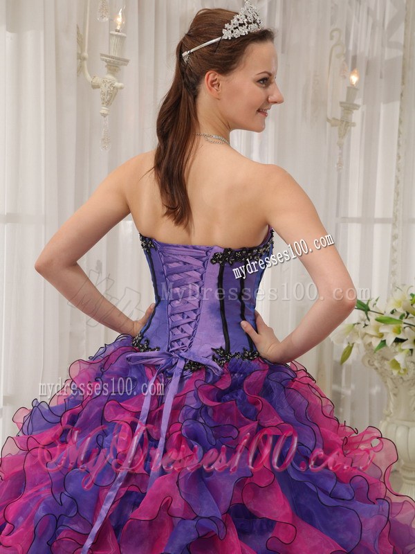 Multi-colored Puffy Ruffles Quince Dress Decorated with Appliques