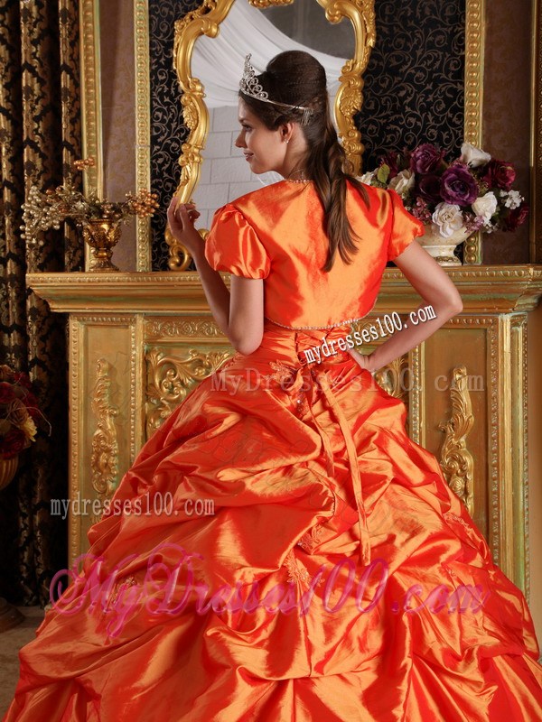 Orange Taffeta Ball Gown Quince Dress with Wraps and Embroidery