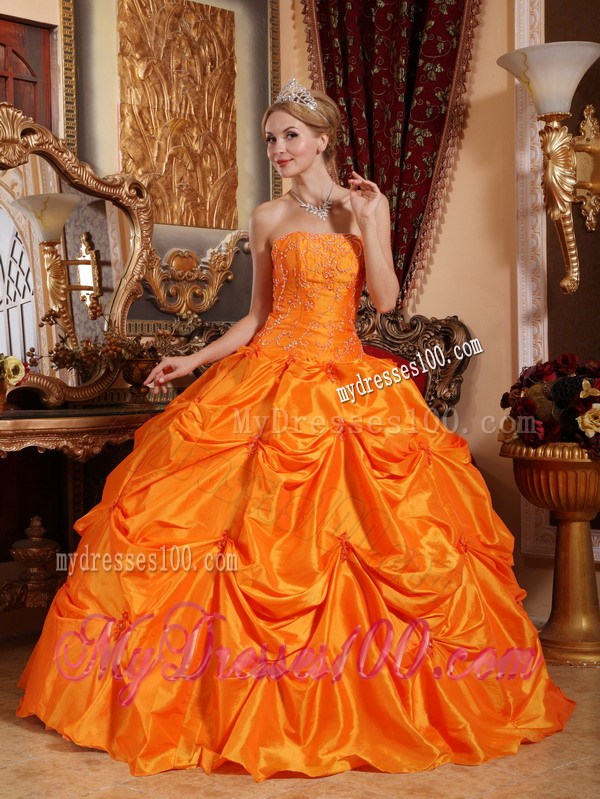 Orange Ruched Puffy Floor-length Taffeta Quince Dresses