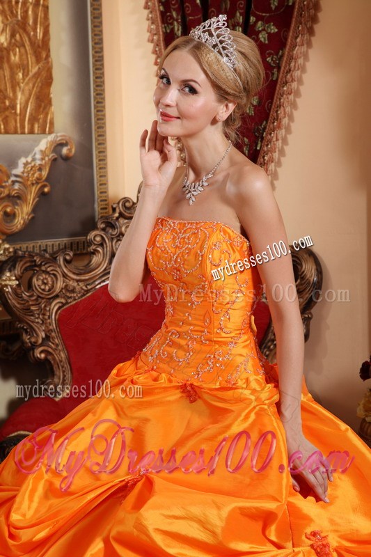 Orange Ruched Puffy Floor-length Taffeta Quince Dresses
