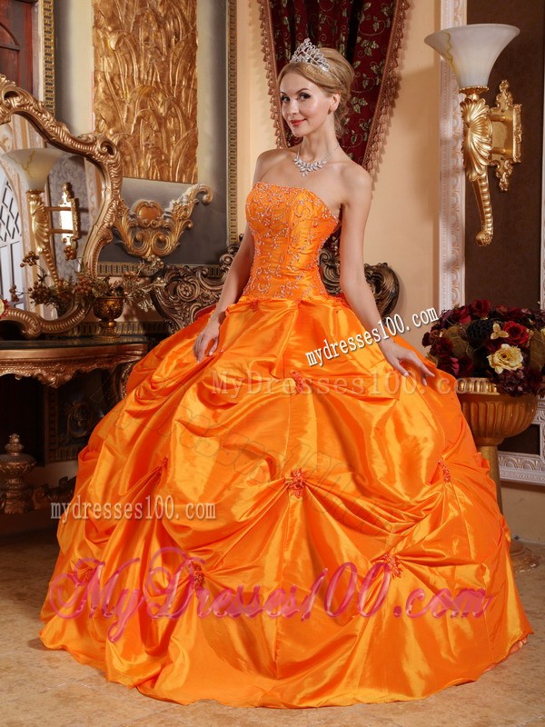 Orange Ruched Puffy Floor-length Taffeta Quince Dresses