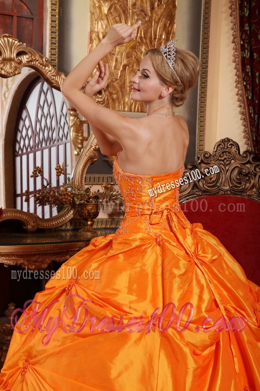 Orange Ruched Puffy Floor-length Taffeta Quince Dresses