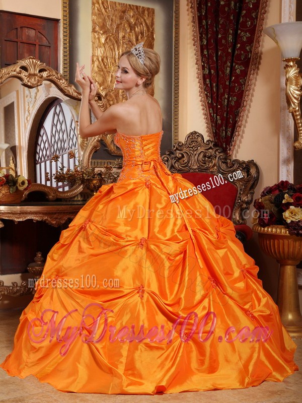 Orange Ruched Puffy Floor-length Taffeta Quince Dresses