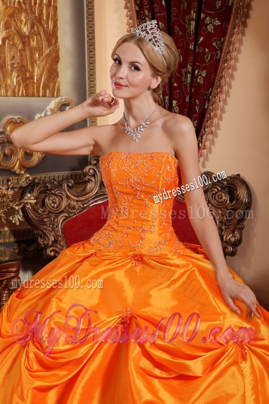 Orange Ruched Puffy Floor-length Taffeta Quince Dresses