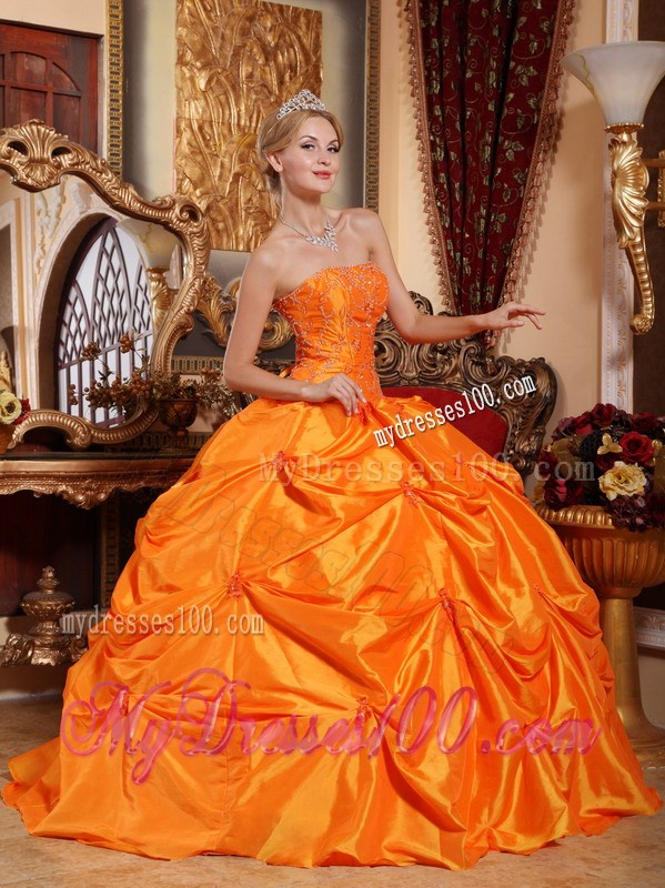 Orange Ruched Puffy Floor-length Taffeta Quince Dresses