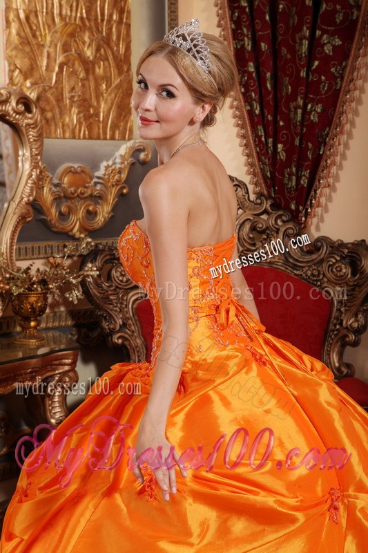 Orange Ruched Puffy Floor-length Taffeta Quince Dresses
