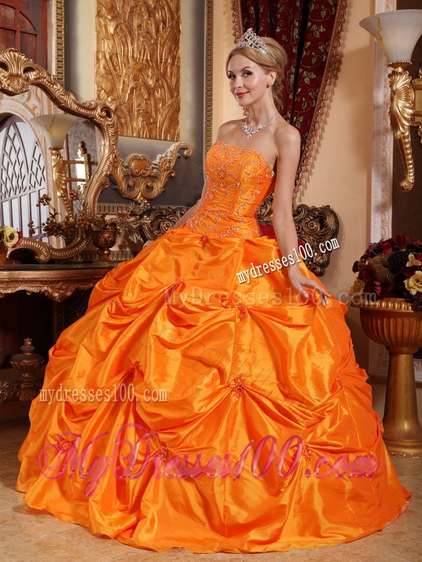 Orange Ruched Puffy Floor-length Taffeta Quince Dresses