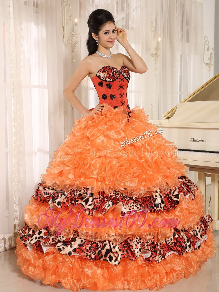 Orange Ruffles and Appliques Sweetheart Leopard Quinceanera Dress