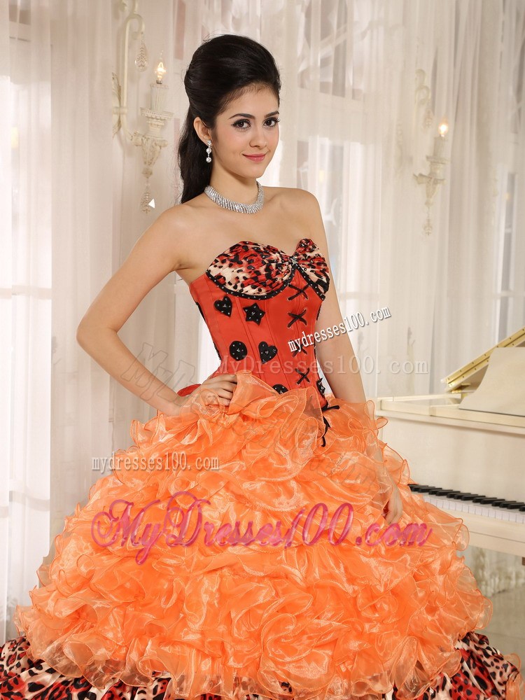 Orange Ruffles and Appliques Sweetheart Leopard Quinceanera Dress