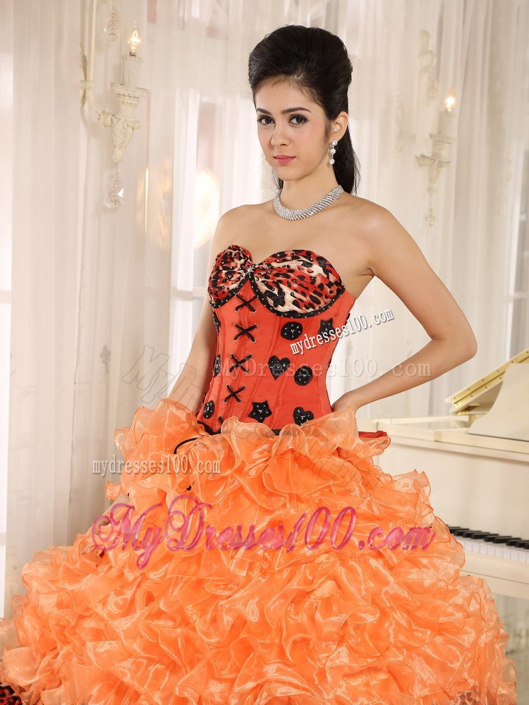 Orange Ruffles and Appliques Sweetheart Leopard Quinceanera Dress