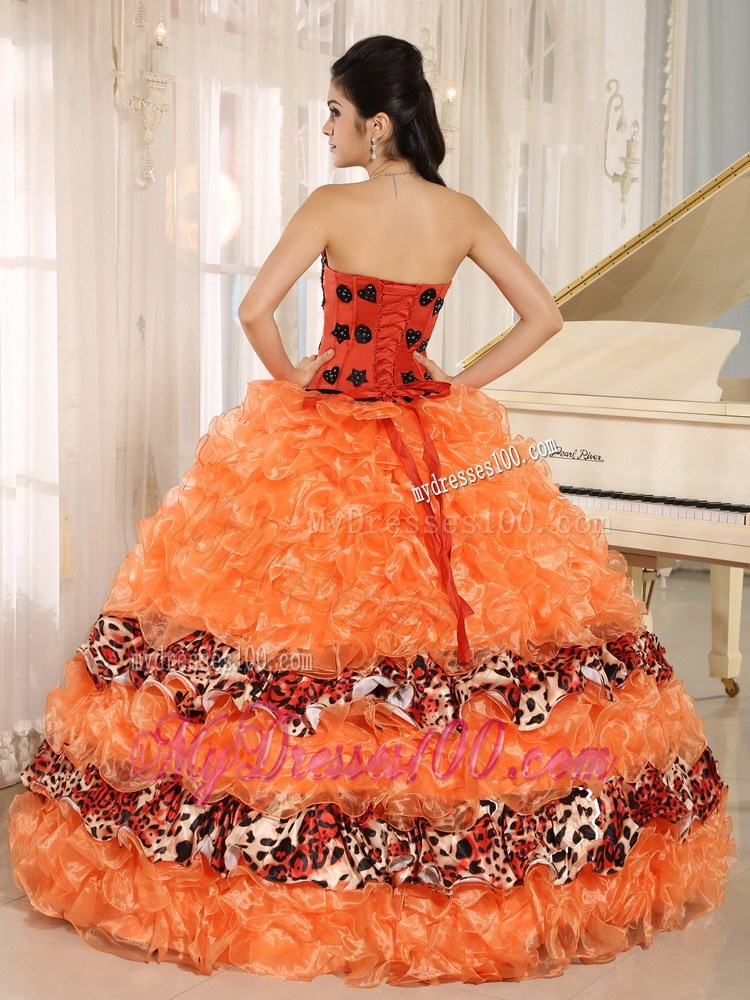 Orange Ruffles and Appliques Sweetheart Leopard Quinceanera Dress