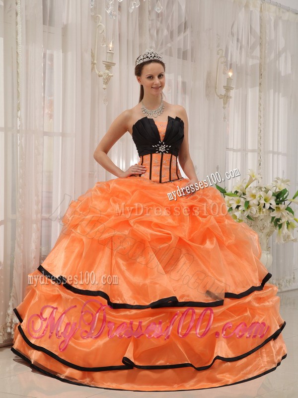 Orange and Black V-neck Organza and Satin Dresses for Quince
