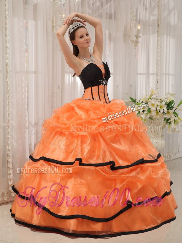 Orange and Black V-neck Organza and Satin Dresses for Quince