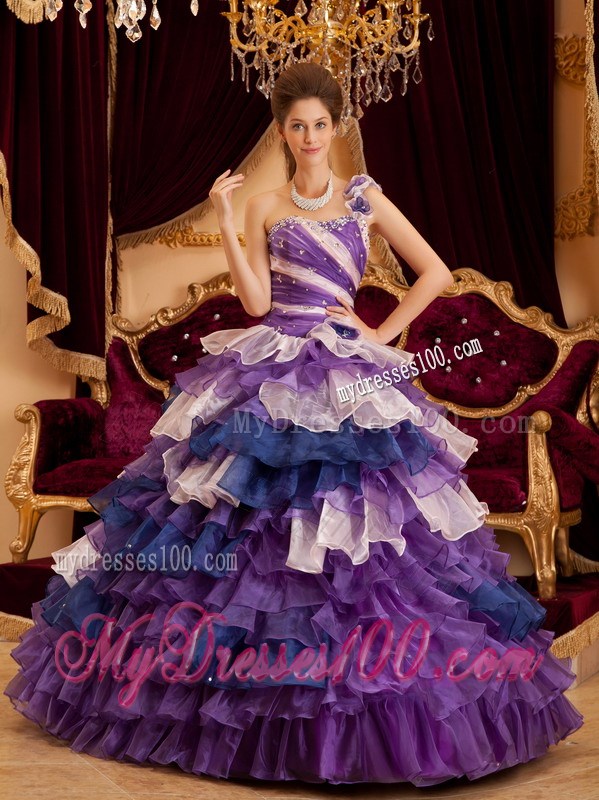 Multi-color One Shoulder Flower Neck Puffy Ruffle Dress for Quince