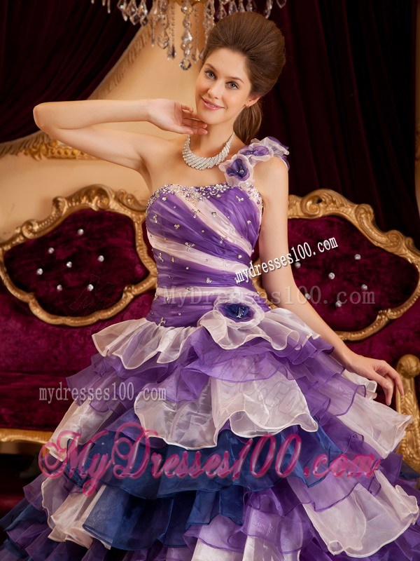 Multi-color One Shoulder Flower Neck Puffy Ruffle Dress for Quince