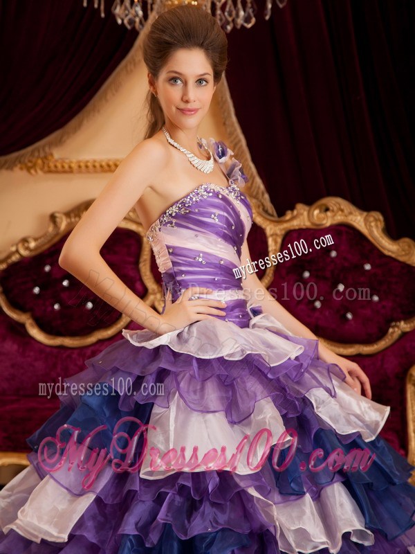 Multi-color One Shoulder Flower Neck Puffy Ruffle Dress for Quince