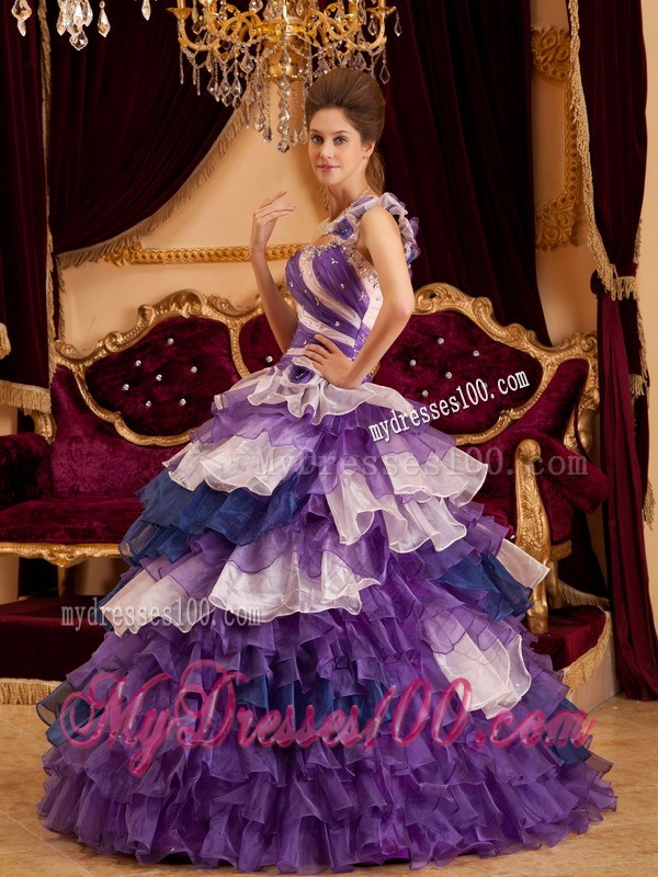 Multi-color One Shoulder Flower Neck Puffy Ruffle Dress for Quince