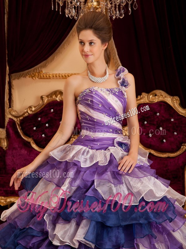 Multi-color One Shoulder Flower Neck Puffy Ruffle Dress for Quince