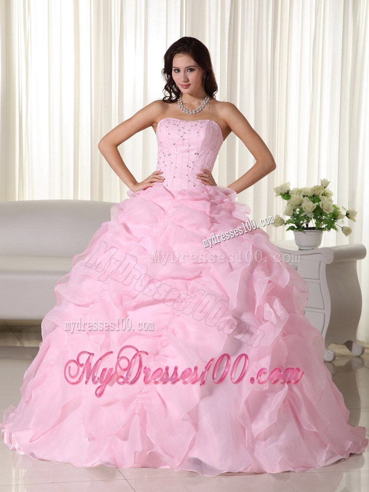 Pink Ball Gown Strapless Organza Pick-ups Beaded Quinceanera Dress