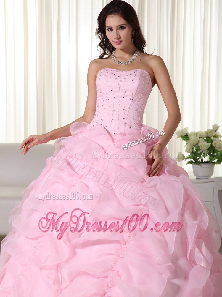 Pink Ball Gown Strapless Organza Pick-ups Beaded Quinceanera Dress