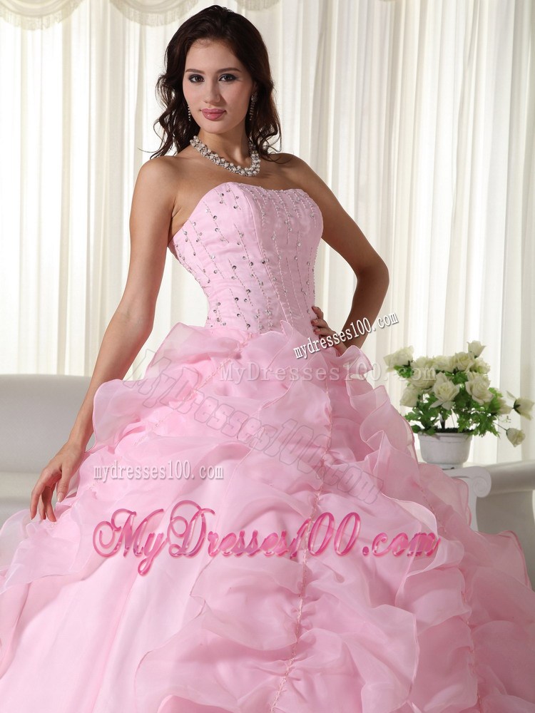 Pink Ball Gown Strapless Organza Pick-ups Beaded Quinceanera Dress