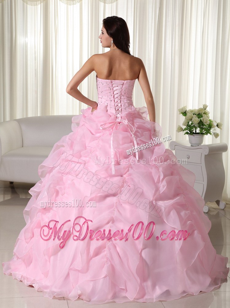 Pink Ball Gown Strapless Organza Pick-ups Beaded Quinceanera Dress
