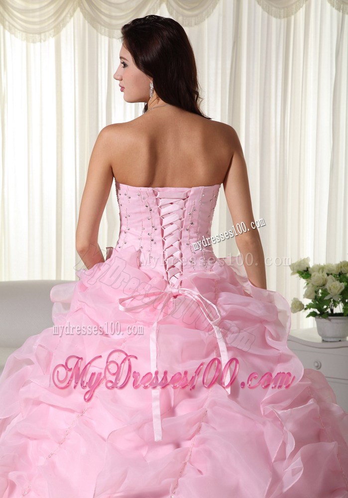 Pink Ball Gown Strapless Organza Pick-ups Beaded Quinceanera Dress