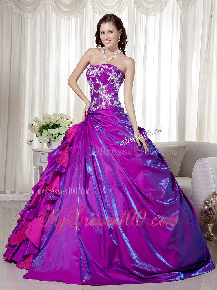 Purple Strapless Quinceanera Dresses Ruffle Layers Appliques