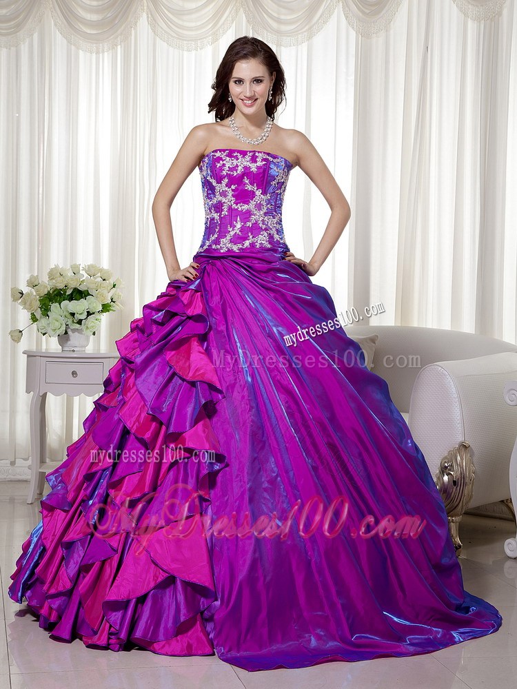 Purple Strapless Quinceanera Dresses Ruffle Layers Appliques