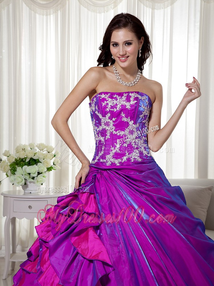 Purple Strapless Quinceanera Dresses Ruffle Layers Appliques