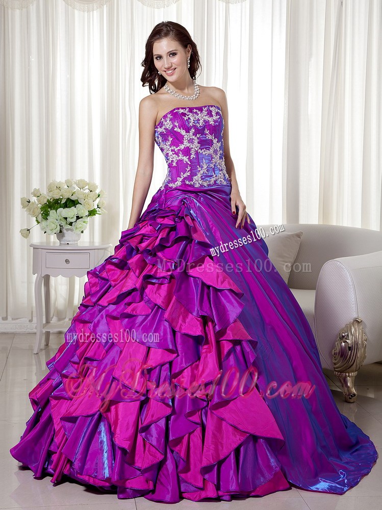 Purple Strapless Quinceanera Dresses Ruffle Layers Appliques